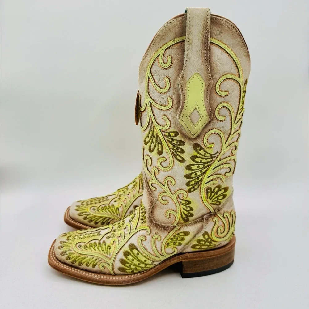 Corral Studded Boots Women's Size 6 M White Floral Green Leather Square Toe‎